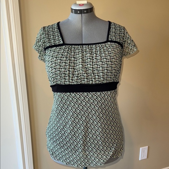 Denver Hayes Blouse Black Green Smocked Back Tie Shirt Top Office Women's Size M - Picture 1 of 10